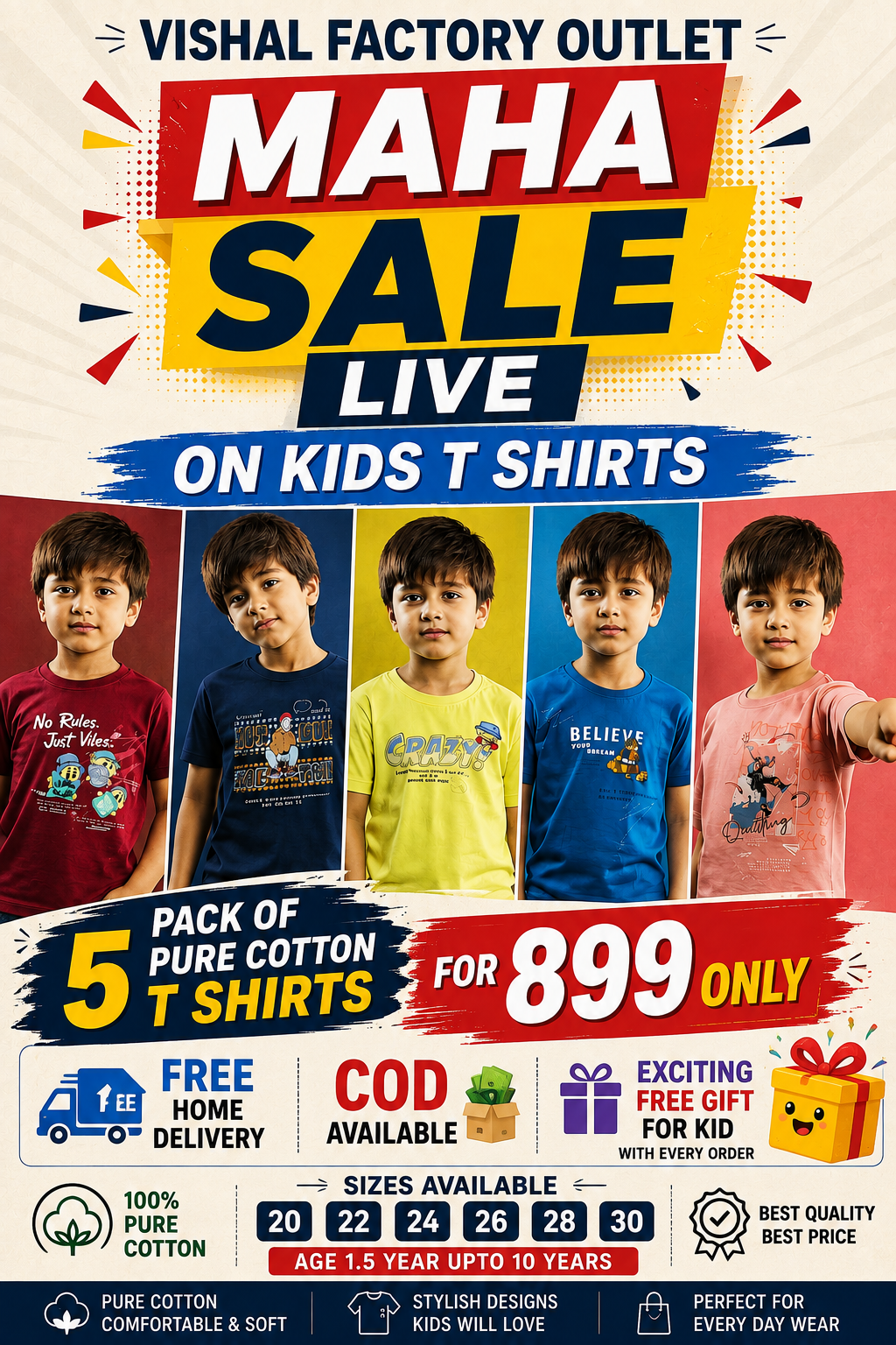 Kids T-Shirt Combo Pack of 5 | Different Colors &  Designs | Ages 1.5–12 Years