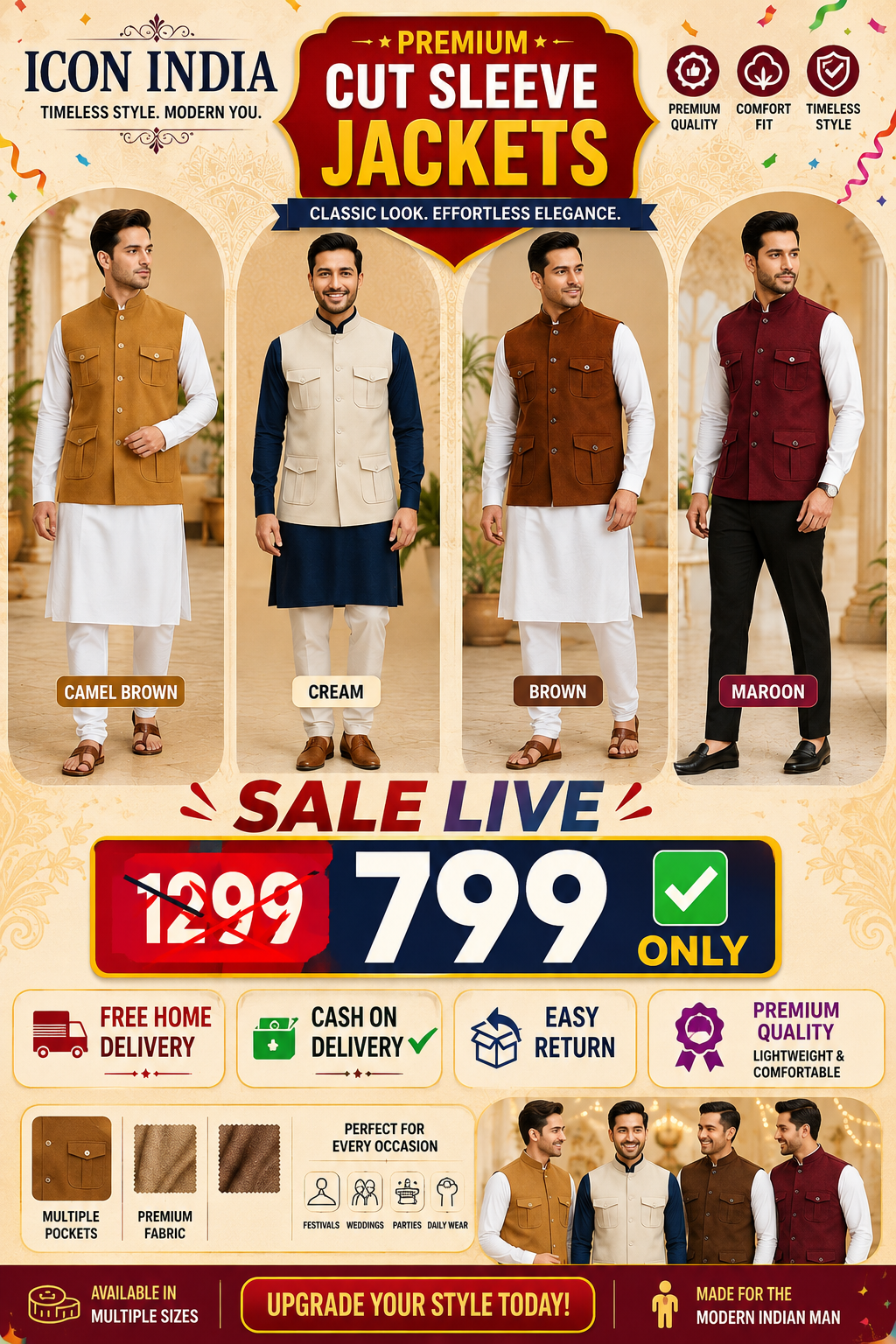 Premium Men's Safari Style Cut Sleeve Jacket | 4 Pocket Waistcoat | Easy Return| Cash On Delivery | Free Shipping|