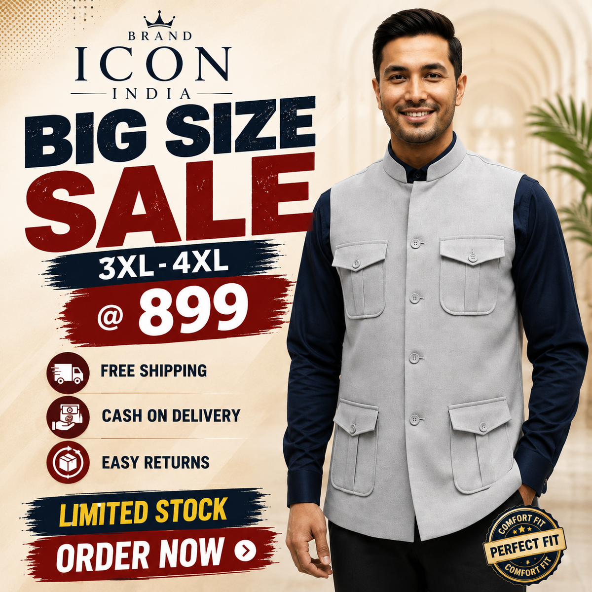 ICON INDIA Big Size Hunter Sleeveless Jacket for Men – 3XL & 4XL | Premium Comfort Fit | ₹899