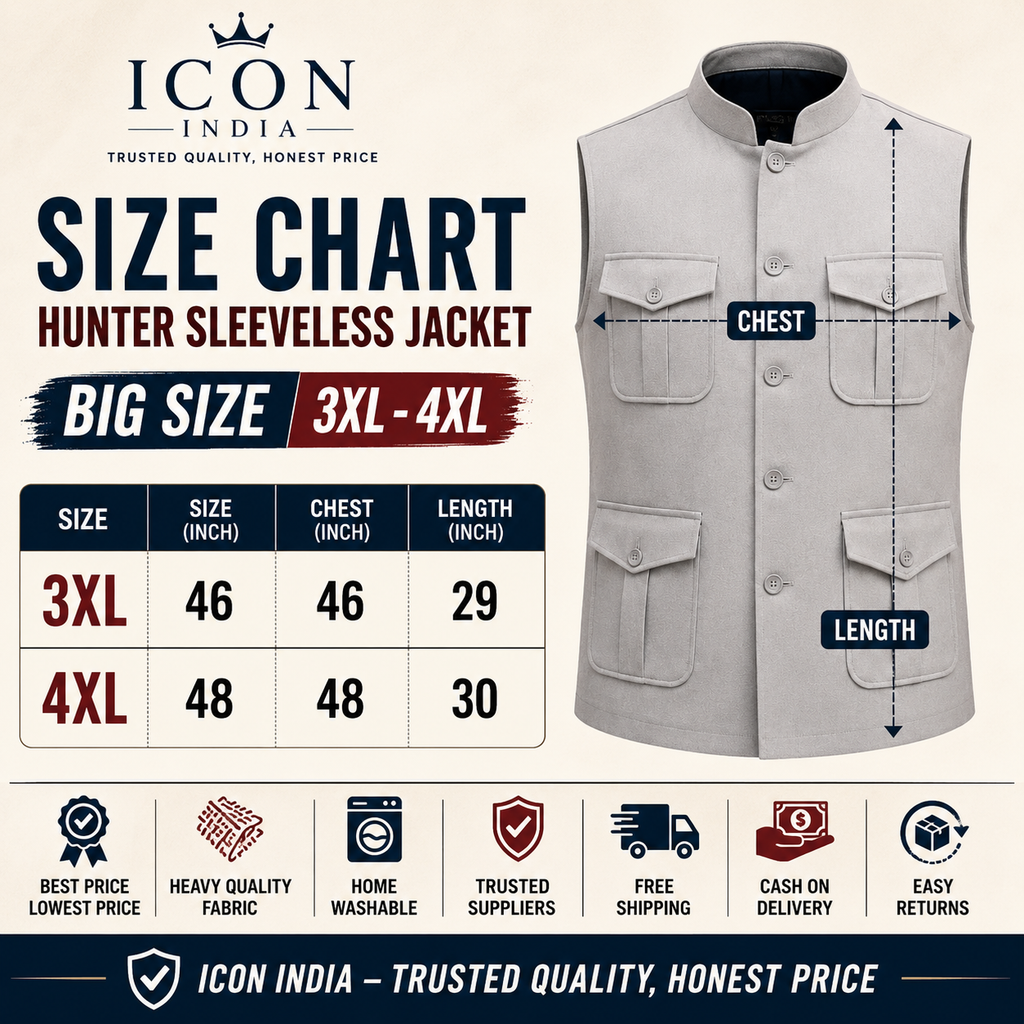 ICON INDIA Big Size Hunter Sleeveless Jacket for Men – 3XL & 4XL | Premium Comfort Fit | ₹899
