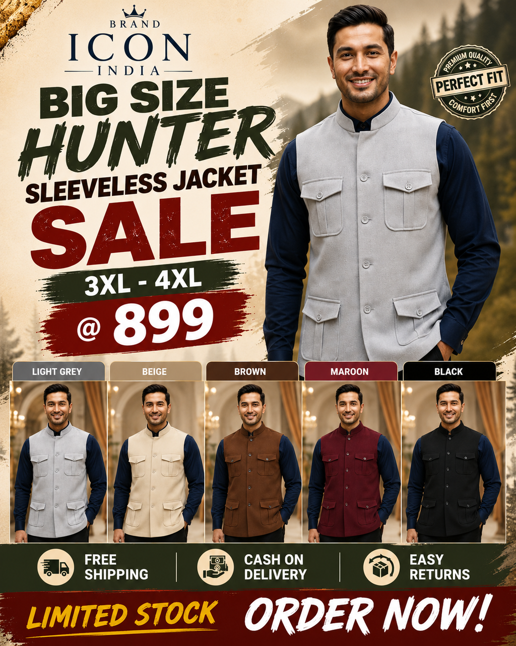 ICON INDIA Big Size Hunter Sleeveless Jacket for Men – 3XL & 4XL | Premium Comfort Fit | ₹899