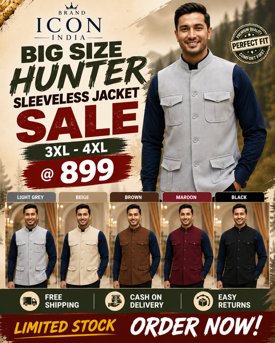 ICON INDIA Big Size Hunter Sleeveless Jacket for Men – 3XL & 4XL | Premium Comfort Fit | ₹899